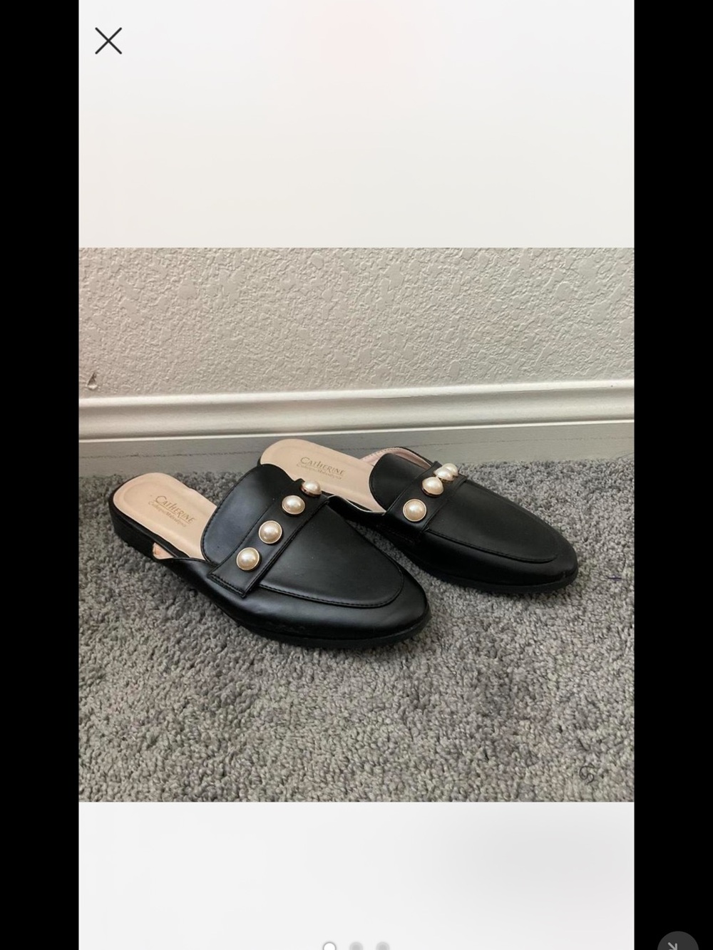 Black Pearl-Button Leather Backless Loafers